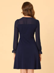 Ruffle V Neck Mesh Sheer Panel Long Sleeve Chiffon Mini Dress