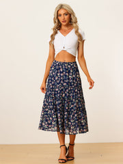 Ruffle Boho Chiffon Floral Printed Long Tiered Midi Skirt