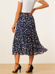 Ruffle Boho Chiffon Floral Printed Long Tiered Midi Skirt