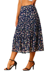 Ruffle Boho Chiffon Floral Printed Long Tiered Midi Skirt