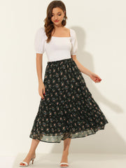 Ruffle Boho Chiffon Floral Printed Long Tiered Midi Skirt