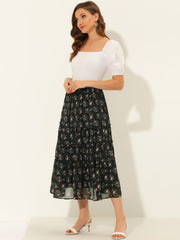 Ruffle Boho Chiffon Floral Printed Long Tiered Midi Skirt