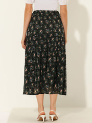 Ruffle Boho Chiffon Floral Printed Long Tiered Midi Skirt