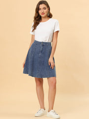High Waisted A-Line Flared Casual Denim Midi Jean Skirt