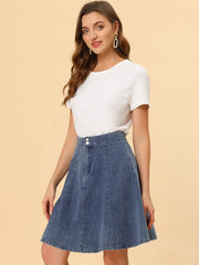 High Waisted A-Line Flared Casual Denim Midi Jean Skirt