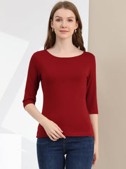 Casual Boat Neck 3/4 Sleeve Solid Basic T-shirt