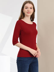 Casual Boat Neck 3/4 Sleeve Solid Basic T-shirt