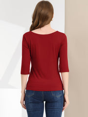 Casual Boat Neck 3/4 Sleeve Solid Basic T-shirt