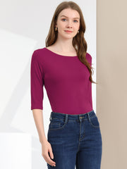 Casual Boat Neck 3/4 Sleeve Solid Basic T-shirt