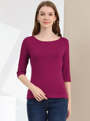 Casual Boat Neck 3/4 Sleeve Solid Basic T-shirt