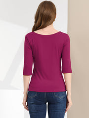 Casual Boat Neck 3/4 Sleeve Solid Basic T-shirt