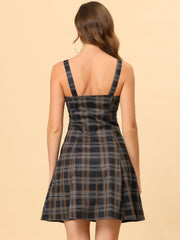 Plaid Zipper Front Party Strap Sleeveless Tube Mini A-Line Dress
