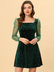 Sheer Puff Sleeve Square Neck Glitter Metallic Star Velvet Mini Dress