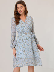 Chiffon Floral V Neck Tie Waist Bishop Sleeve Casual Wrap Midi Dress