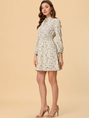 Smocked Waist Tie Neck Floral Long Sleeve Dress