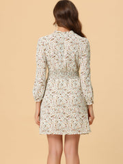 Smocked Waist Tie Neck Floral Long Sleeve Dress