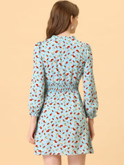 Smocked Waist Tie Neck Floral Long Sleeve Dress