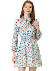 Smocked Waist Tie Neck Floral Long Sleeve Dress