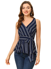 Sleeveless V Neck Tie Waist Asymmetric Hem Wrap Peplum Top