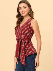 Sleeveless V Neck Tie Waist Asymmetric Hem Wrap Peplum Top