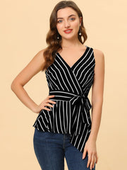 Sleeveless V Neck Tie Waist Asymmetric Hem Wrap Peplum Top