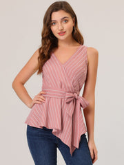 Sleeveless V Neck Tie Waist Asymmetric Hem Wrap Peplum Top