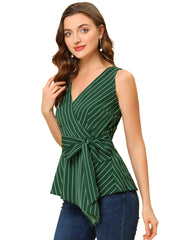 Sleeveless V Neck Tie Waist Asymmetric Hem Wrap Peplum Top