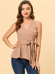 Sleeveless V Neck Tie Waist Asymmetric Hem Wrap Peplum Top
