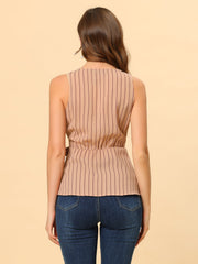 Sleeveless V Neck Tie Waist Asymmetric Hem Wrap Peplum Top