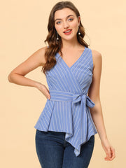 Sleeveless V Neck Tie Waist Asymmetric Hem Wrap Peplum Top
