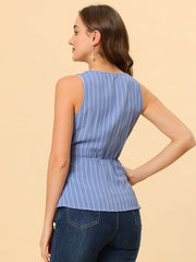 Sleeveless V Neck Tie Waist Asymmetric Hem Wrap Peplum Top