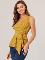 Sleeveless V Neck Tie Waist Asymmetric Hem Wrap Peplum Top