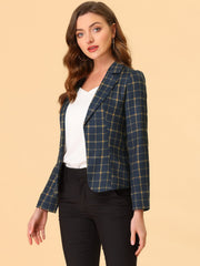 Business Casual Open Front Notch Lapel Plaid Suit Blazer