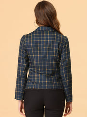 Business Casual Open Front Notch Lapel Plaid Suit Blazer