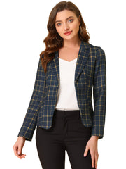 Business Casual Open Front Notch Lapel Plaid Suit Blazer