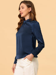 Satin Blouse Puff Sleeve Stand Collar Work Top