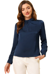 Satin Blouse Puff Sleeve Stand Collar Work Top