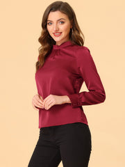 Satin Blouse Puff Sleeve Stand Collar Work Top