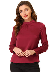 Satin Blouse Puff Sleeve Stand Collar Work Top