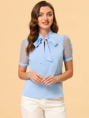 Bow Tie V Neck Stand Collar Short Mesh Sleeve Blouse