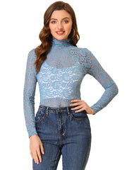 See Through Long Sleeve Turtleneck Sheer Floral Lace Blouse