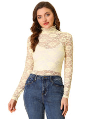 See Through Long Sleeve Turtleneck Sheer Floral Lace Blouse