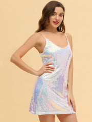 Glitter Sequin V Neck Spaghetti Strap Mini Party Dress