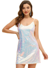 Glitter Sequin V Neck Spaghetti Strap Mini Party Dress