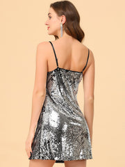 Glitter Sequin V Neck Spaghetti Strap Mini Party Dress