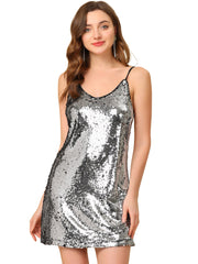 Glitter Sequin V Neck Spaghetti Strap Mini Party Dress