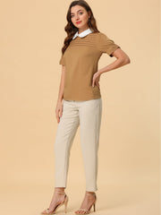 Pleated Contrast Peter Pan Collar Puff Short Sleeve Blouse