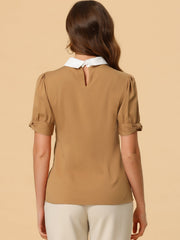 Pleated Contrast Peter Pan Collar Puff Short Sleeve Blouse