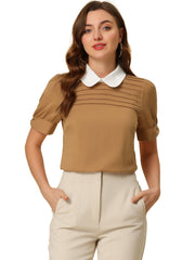 Pleated Contrast Peter Pan Collar Puff Short Sleeve Blouse
