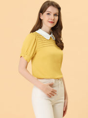 Pleated Contrast Peter Pan Collar Puff Short Sleeve Blouse